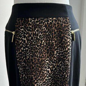 NWOT MICHAEL Michael Kors Black & Leopard Panel Midi Pencil Skirt – US 10